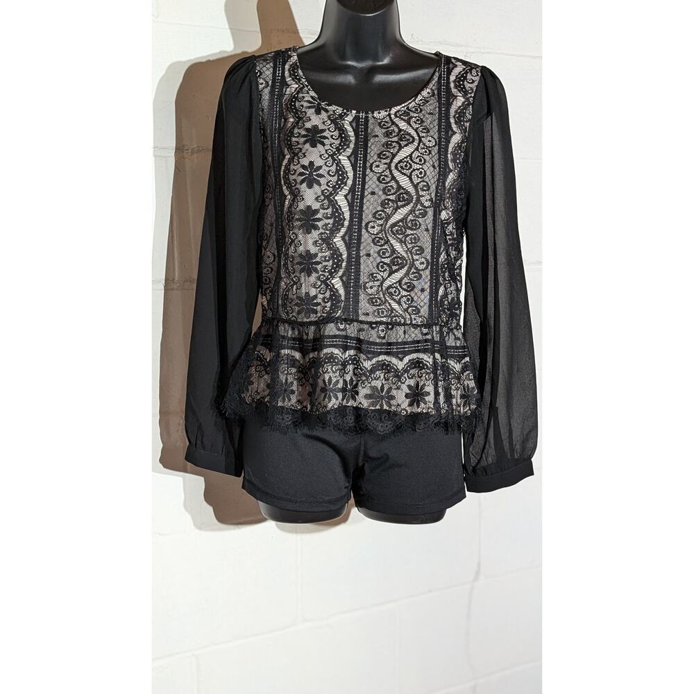 Sis Sis Lace Peplum Top Black Sheer Long Sleeve Blouse Y2K Zip Back Small 4
